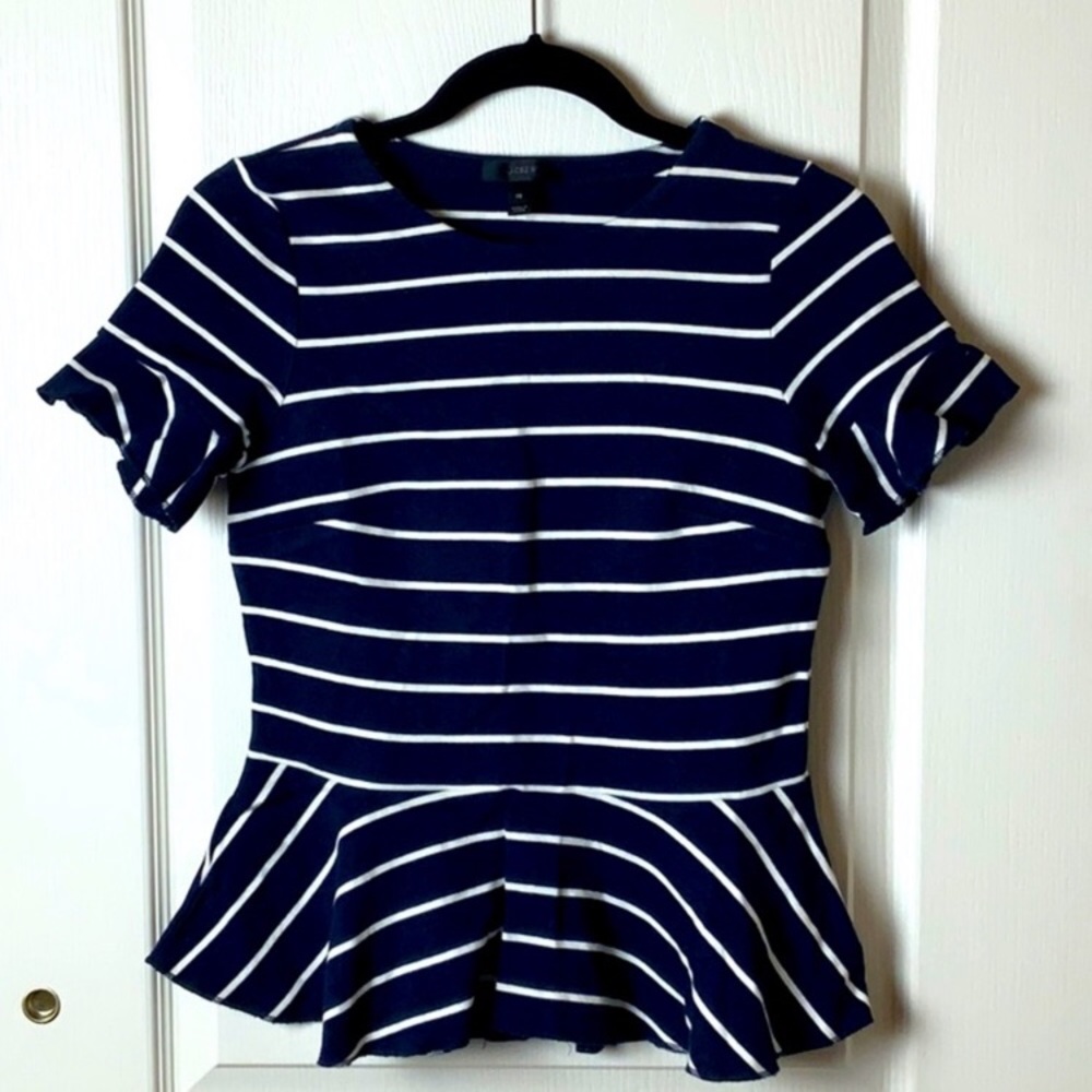 JCrew Peplum Navy Striped Cotton Structured Top